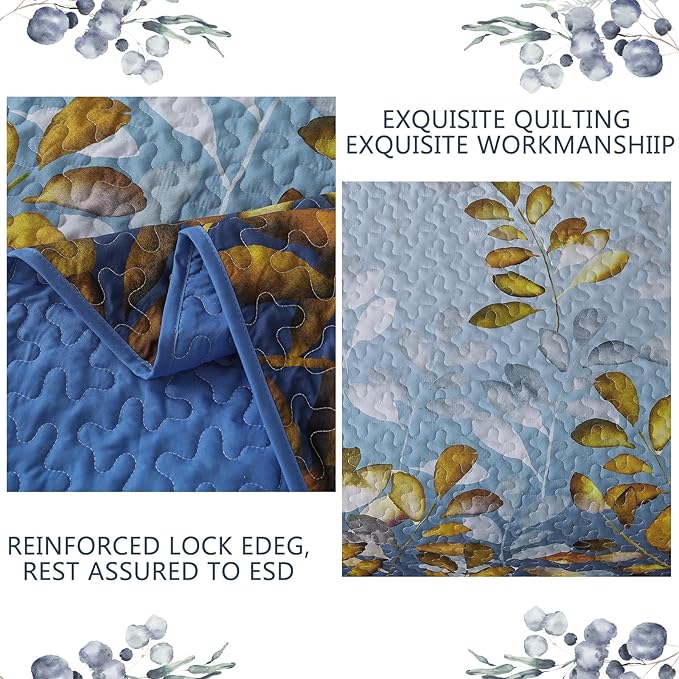 WONGS BEDDING 3 Pieces Quilt Set Queen Size, Blue-Gold Floral Bedspread Coverlet Set, Soft Microfiber Lightweight Floral Bedding Set King 104"×90"