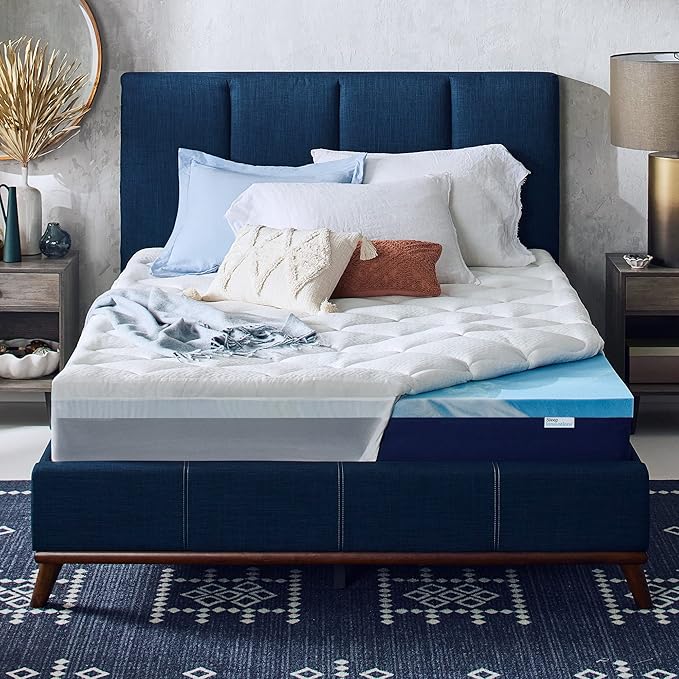 Sleep Innovations Cooling Comfort Gel Memory Foam Dual Layer Mattress Topper, 4 Inch, Queen Size, Pillow Top Cover