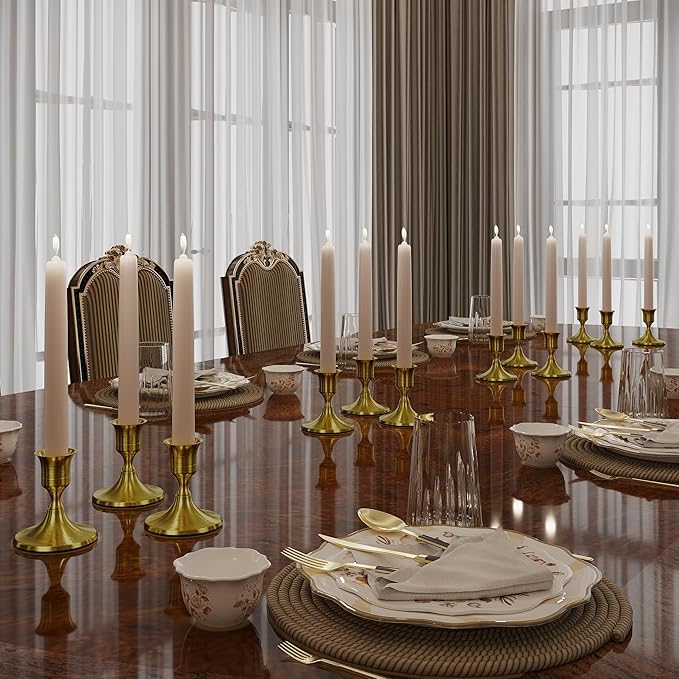 12PCS Brass Gold Taper Candle Holders Set, Vintage Metal Candlestick Holders for Dinner Room Table Centerpiece or Mantel Wedding Party Decor