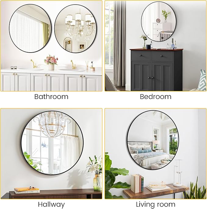 20 Inch Black Round Wall Mirror, Circle Mirror Metal Frame for Bathroom, Vanity, Entryway, Bedroom, Living Room, Wall Mounted Modern Rustic Decor