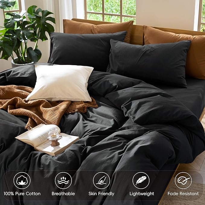 MooMee Bedding Duvet Cover Set 100% Washed Cotton Linen Like Textured Breathable Durable Soft Comfy (Solid Black, King 104"x90")