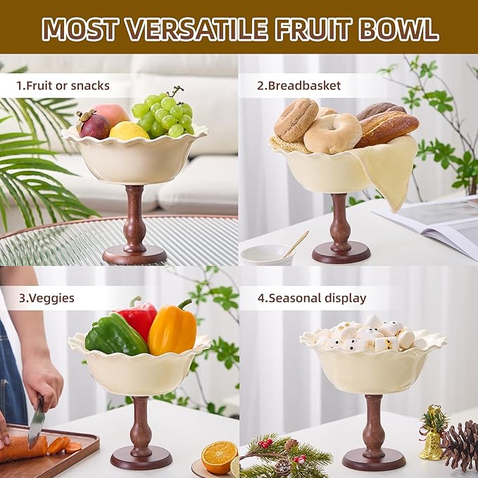 Vniltyc Ceramic Fruit Bowl for Kitchen Counter,Fruit Organizer Serving Bowls with Oak Wood Stand,Fruit Holder Big Bowl for Vegetable Storage,Home Decoration