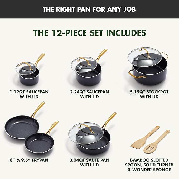 GreenPan 12 Piece Nonstick Swift Cookware Set, Ceramic PFAS-Free Pots & Pans with Lids, Dishwasher & Oven/Broiler Safe to 600F, Kitchen Cooking Set, Sauce, Saute, Stock, Frying Pans, Black/Gold