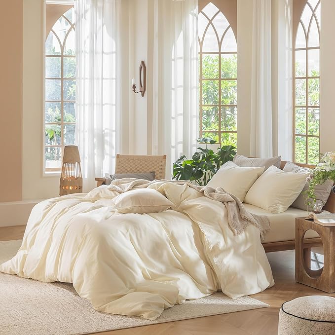 MooMee Bedding Duvet Cover Set 100% Washed Cotton Linen Like Textured Breathable Durable Soft Comfy (Solid Cream White, Super King Plus 120"x120")