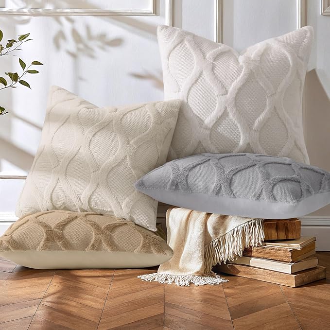 decorUhome Set of 4 Throw Pillow Covers 16x16 Inch, Neutral Decorative Soft Plush Faux Wool Couch Pillow Covers, Farmhouse Pillow Cases for Living Room Bed Sofa (Cream/Khaki)