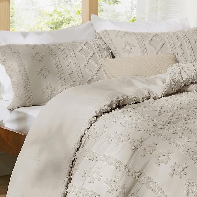 Bedsure Tufted Boho Comforter Set Oversized King - Linen Boho Bed Set, GentleSoft™ 3 Pieces Farmhouse Shabby Chic Embroidery Bedding, Gifts for Woman, Soft Jacquard Comforter for All Seasons