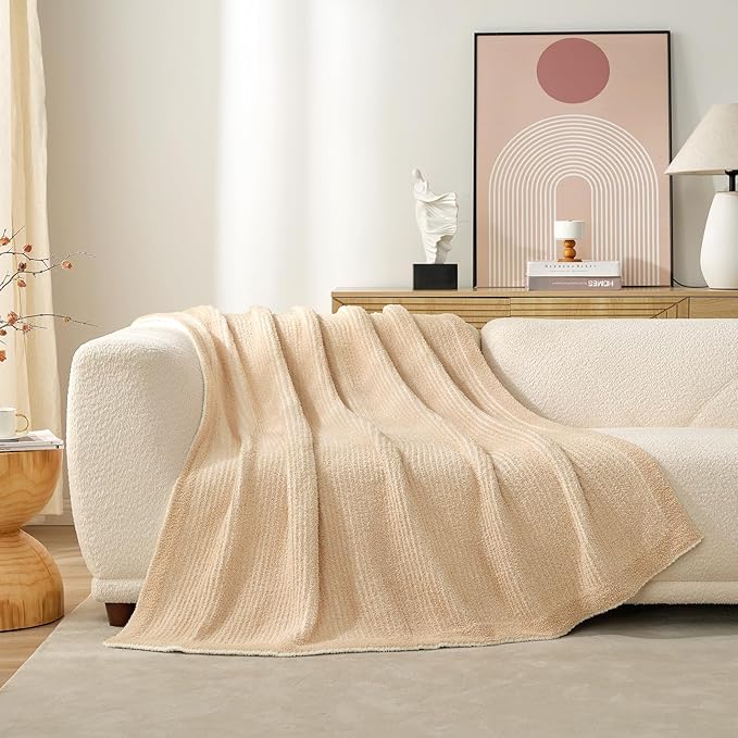 Snuggle Sac Stripe Soft Throw Blanket for Couch, Fuzzy Microfiber Knit Stripe Ribbed Blankets for Couch, Sofa, Travel, Cream Beige, 50x60 inches