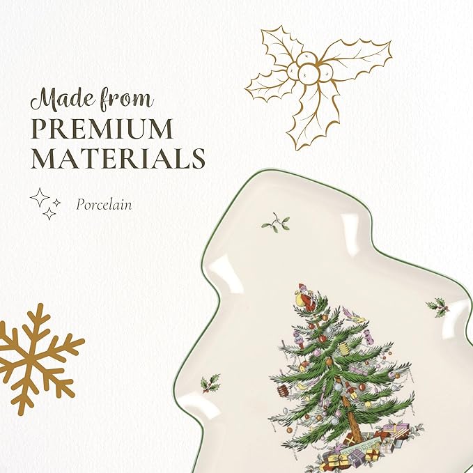 Spode Christmas Tree Holiday Platter - 14-Inch Tree-Shaped Serving Plate, Fine Porcelain Holiday Tableware - Festive Party Server, Seasonal Decor - Christmas Dinnerware