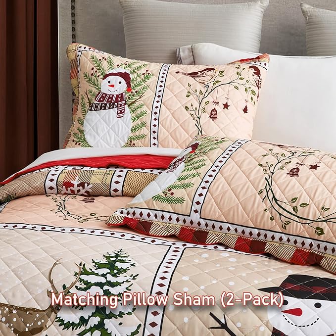 HZ & HY Christmas Oversized Bedspread King Size, Snowman Pattern Bedding Quilt, Rustic Lodge Plaid Patchwork Coverlet Set, Lightweight & Soft Microfiber, 3 Piece