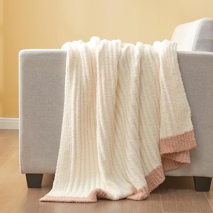 Snuggle Sac Soft King Size Blanket, Cozy Soft Fuzzy Microfiber Knit Stripe Bedding Blankets Bedspread, Cream, 108x90 inches