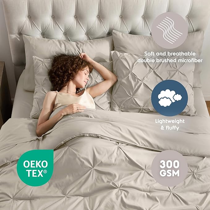 Nestl King Size Comforter Set 7 Pieces - Pinch Pleated Comforter Set in Beige, Bed in a Bag, All Season Bedding Set with Flat Sheet, Fitted Sheet, Pillowcases and Shams