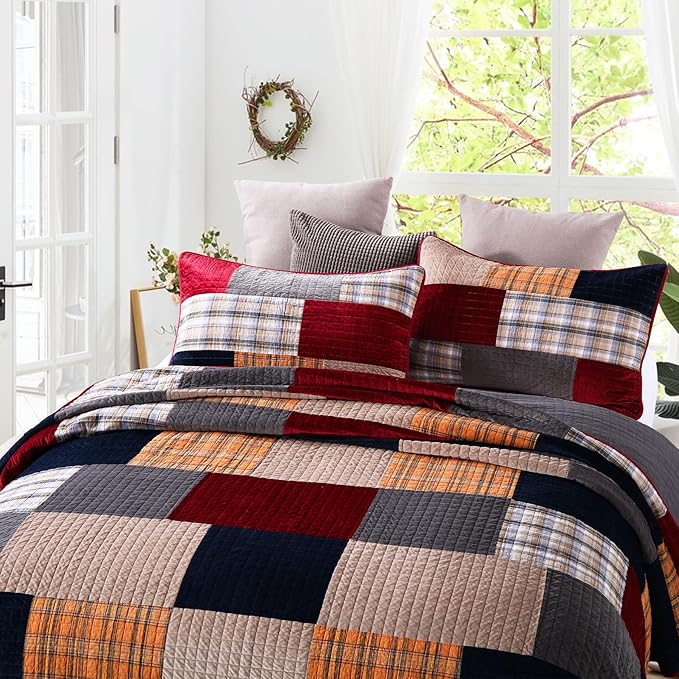 Secgo California King Comforter Set for Bed - 100% Cotton Quilts Cal King Size, Black Bedspreads (120 * 110 Inch) with 2 Pillow Shams, Patchwork Reversible Lightweight Bedding