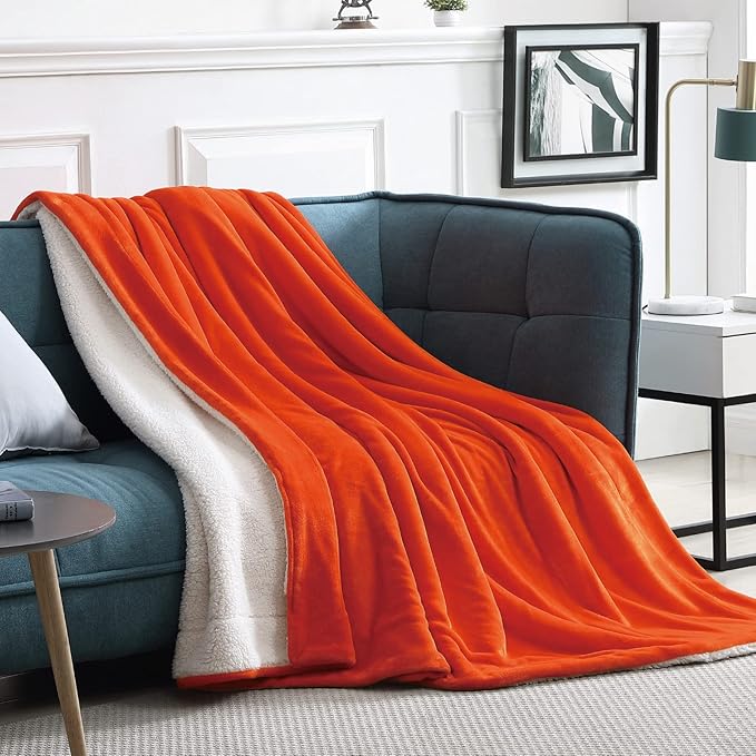Walensee Sherpa Fleece Blanket (Queen Size 90”x90” Orange) Plush Throw Fuzzy Super Soft Reversible Microfiber Flannel Blankets for Couch, Bed, Sofa Ultra Luxurious Warm and Cozy for All Seasons