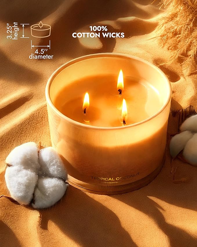 96NORTH Luxury Coconut Soy Candle | Large 3 Wick Jar Candle | Up to 50 Hours Burning Time | Tropical Beach Scented Candles for Home | 100% Natural Soy Wax | Housewarming Gift for Women and Men