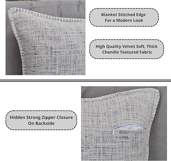 20x20 Stitched Edge Textured Chenille Throw Pillow Covers Cream White & Black Texture Set of 2 Soft Cushion Covers Modern Farmhouse Decorative Square Pillow Cases for Couch Sofa