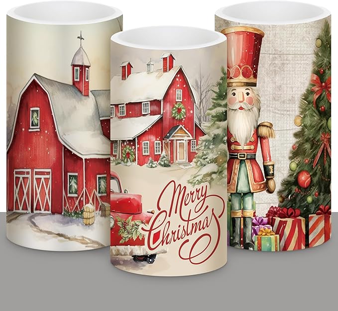 Retisee 3 Pcs Retro Rustic Christmas Flameless Candles with Remote Vintage Christmas Battery Operated LED Candle Retro Nostalgic Xmas Decor for Rustic Xmas Holiday Dining Table Bedroom Living Room
