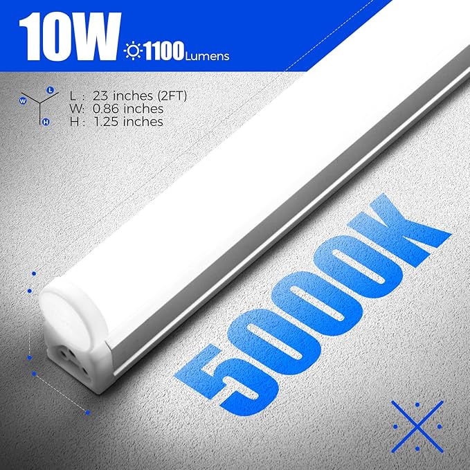 Barrina T5 LED Ceiling Light Fixtures, 2FT, 5000K (Daylight White), 1100LM, 10W, Corded Electric with Built-in ON/Off Switch, Linkable LED Shop Lights for Garage, Workshop, ETL Listed, 6 Packs