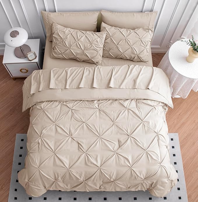 LANE LINEN Queen Comforter Set - 7 Pieces Pintuck Bed in A Bag, Queen Bed Set with Comforters, Sheets, Pillowcases & Shams, Bedding Set - Beige