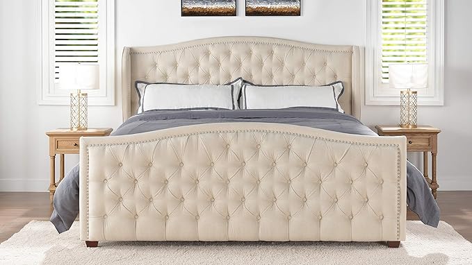 Jennifer Taylor Home Marcella Upholstered Shelter Headboard Bed Set, King, Sky Neutral Beige Polyester