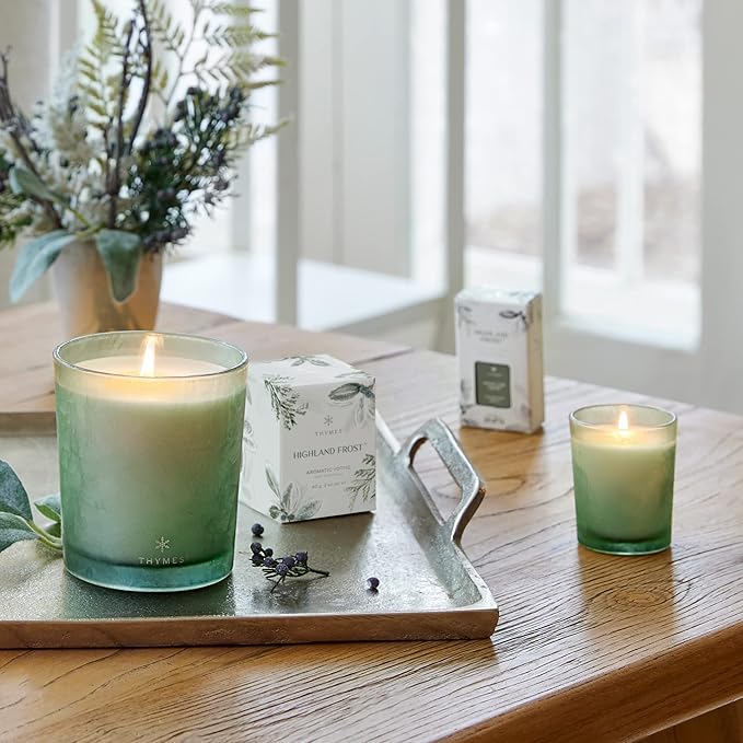 Thymes Scented Candles for Home Decor - Luxury Home Fragrance Gifts for Women & Men - Winter Candles with Crisp Notes of Sage, Eucalyptus, & Cypress Needles - Sage-Green (Highland Frost, 13 oz)