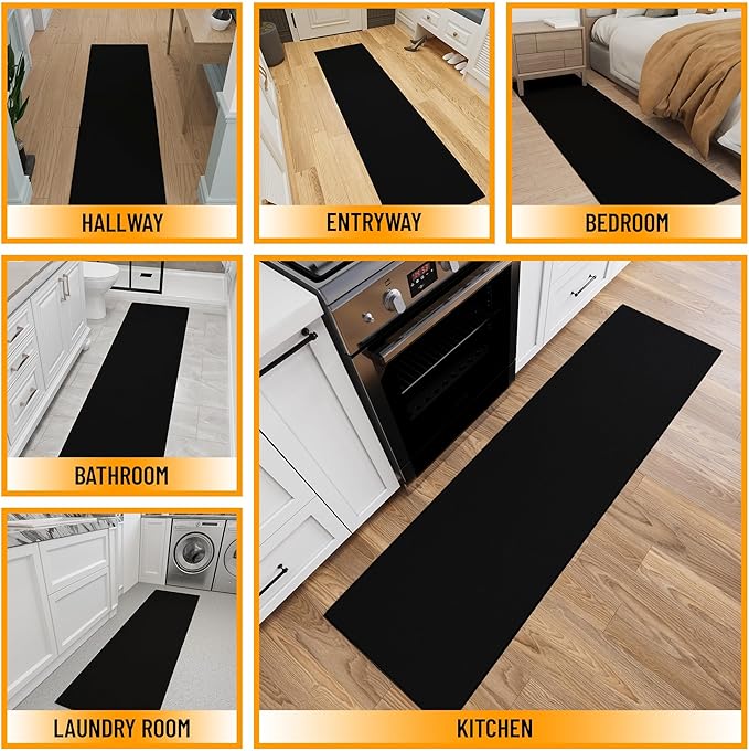 Ottomanson 2x9 Non Slip Hallway Runner Rug with Rubber Backing - Solid Modern Kitchen Rug for Bedroom or Living Room, Black, 2' x 9'
