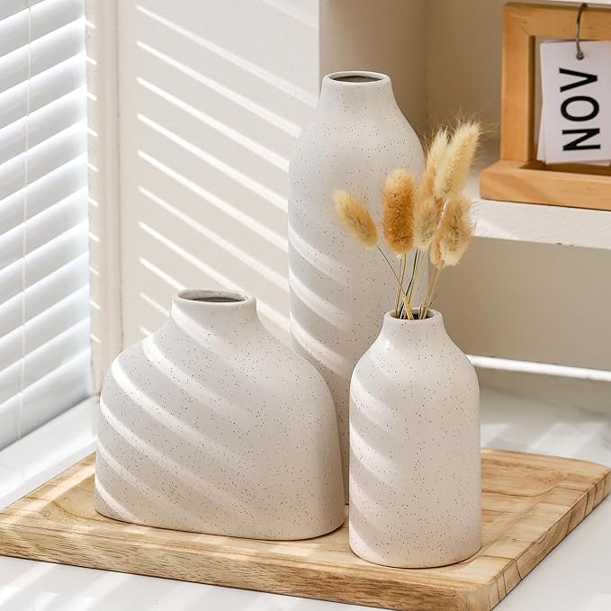 Ceramic Vase Set of 3, White Flower Vase Home Decor,Modern Farmhouse Decor,Pampas Grass Dried Fresh Flowers Living Room,Bookshelf Decoration, Centerpiece Table Decor,Boho Decor.(White)