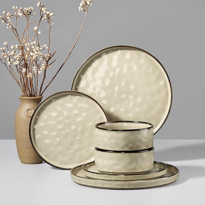 HaWare Dinnerware Sets, 6-Piece Plates and Bowls Set, Stoneware Dish Set for 2, Ceramic Dinnerware for Home Restaurant, Chip and Scratch Resistant, Microwave and Dishwasher Safe, Saturn Khaki
