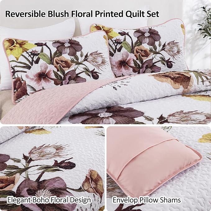 Drucon Floral Quilt Set King 3 Pieces Boho Blush Quilt Coverlet Set Soft Microfiber Lightweight Colorful Floral Quilted Bedspread for All Season 104"x90"