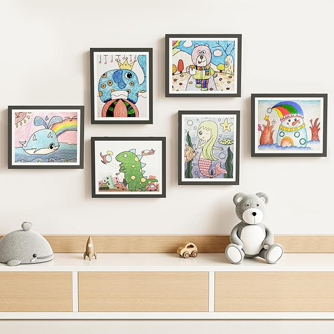 BAIJIALI Black Art Frames for Kids Artwork - Front Opening Holds 150 Drawings, 3D Crafts - 2 Packs 8.5x11 with mat or 9x12 without Mat