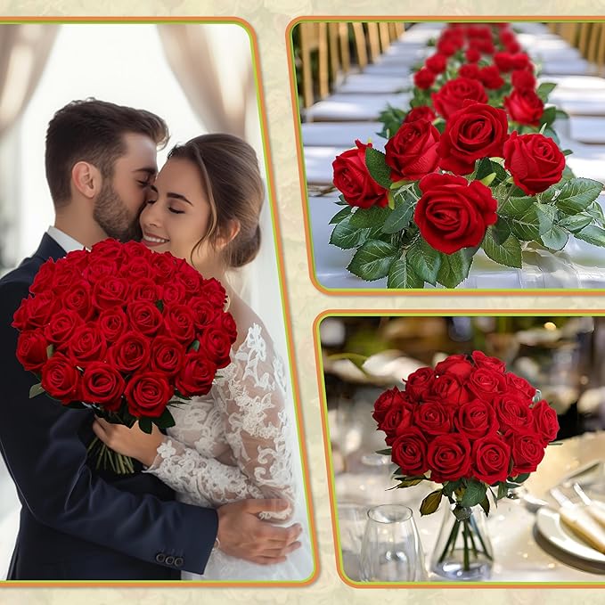 50 PCS Fake Red Roses, Artificial Red Flowers Bulk Realistic Silk Faux Rose with Stems for Wedding Decoration Anniversary Bridal Bouquet DIY Floral Arrangement Romantic Home Decor Gifts