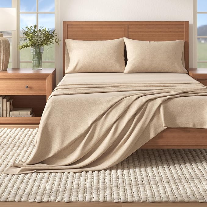 Great Bay Home Flannel Sheet Set King Size - Heathered Cotton Blend, Double-Brushed, Winter Bed Sheets - Ultra-Soft, Cozy, 4-Piece Rustic Bedding Set (Heathered Sand)
