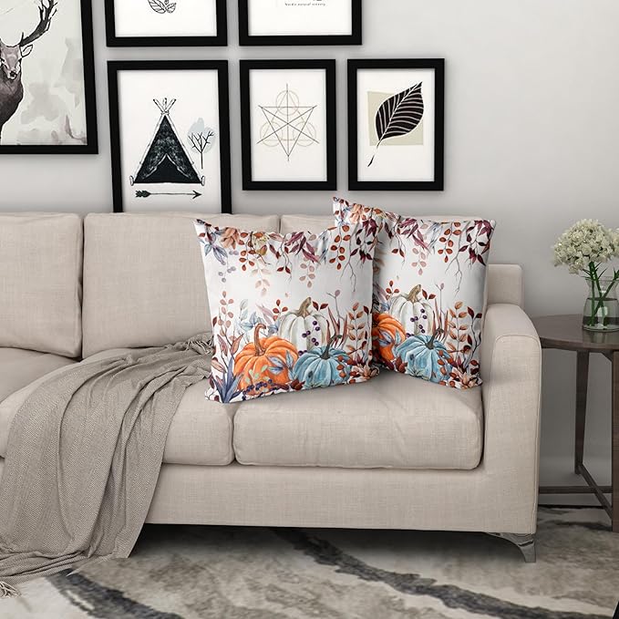 Giwawa Fall Pillow Covers Set of 2 16x16 Inch Orange Blue White Pumpkins Autumn Leaves Thanksgiving Cushion Covers Farmhouse Decorative Square Double Sided Throw Pillowcases for Indoor Outdoor Holiday