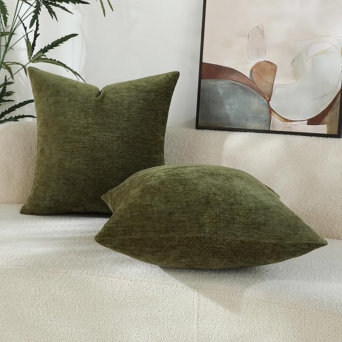 Sage Green Chenille Decorative Couch Throw Pillow Covers, Soft Cushion Cases for Home Livingroom Sofa Décor, Pack of 2, 20 x 20 Inches