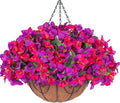 Artificial Hanging Flowers Plant with Basket for Outdoors, Fake Hanging Plants Silk Bougainvillea in Planter Look Real UV Resistant Faux Flower for Outside Porch Patio Garden Home Decor, PurpleHotpink
