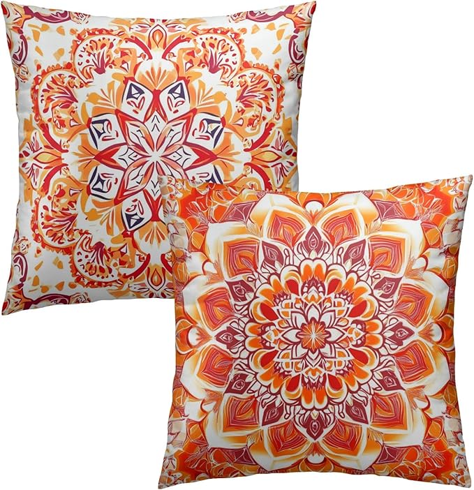 Boho Throw Pillow Covers 18x18 - Orange Floral Pillow Covers Set of 2 Bohemian Pillowcase Botanical Flowers Blossom Cushion Case for Sofa Bed Couch Home