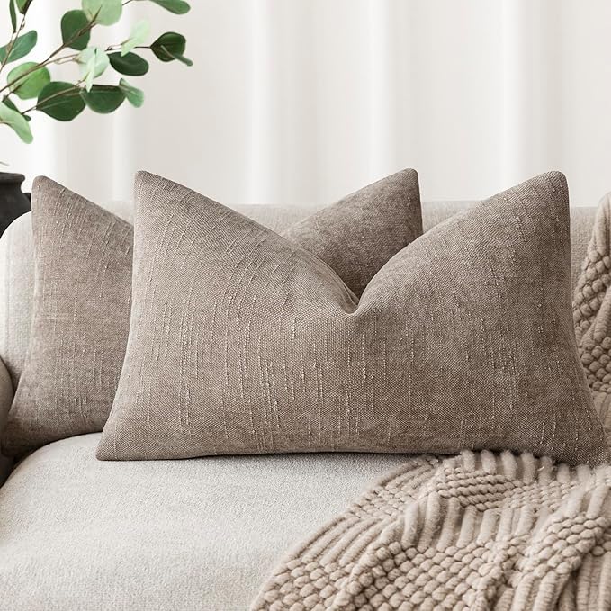 Foindtower Set of 2 Textured Chenille Throw Decorative Pillow Covers Square Accent Solid Cushion Cover Neutral Farmhouse Lumbar Pillow Case for Couch Sofa Bedroom Living Room 12x20 Inch,Light Taupe