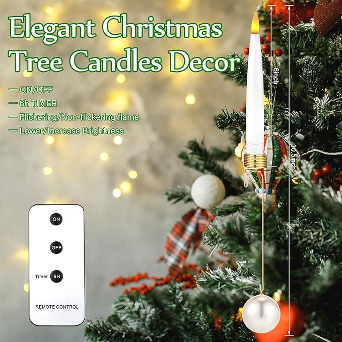 Baquler 24 Pcs Christmas Tree Candles with Remote, Flameless LED Candlesticks Flickering Candles with Pearl Ball Hooks for Xmas Home Wedding Winter New Year Hanging Ornaments Party Supplies