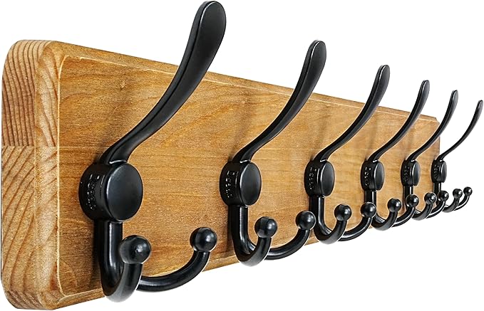 Dseap Coat Rack Wall Mounted - 24" Long 6 Tri Hooks, Heavy Duty Wooden Wall Coat Hanger Coat Hook for Clothes Hat Jacket Clothing, Weathered Yellow and Black