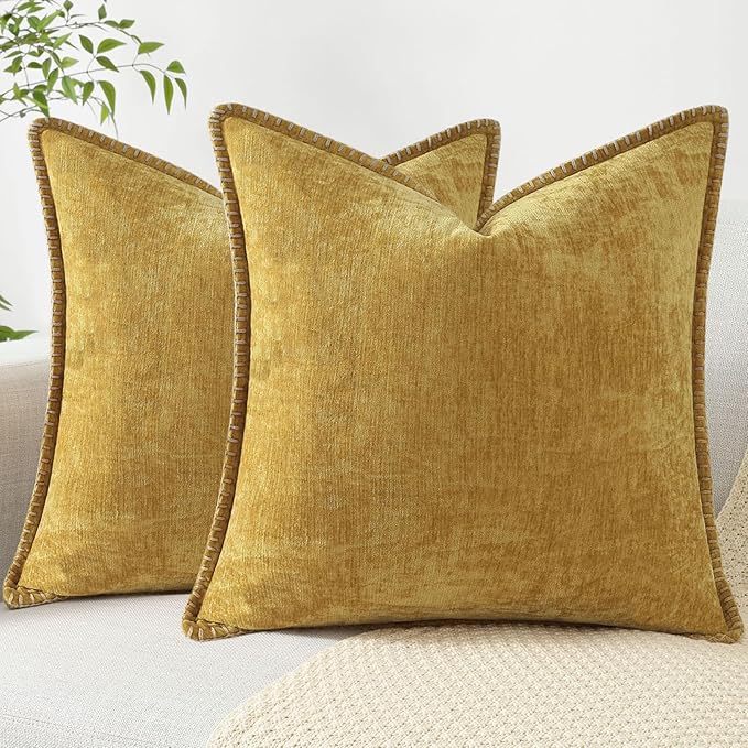 decorUhome Chenille Soft Throw Pillow Covers 24x24 Set of 2, Farmhouse Velvet Neutral Decorative Euro Pillow Covers with Stitched Edge for Couch Sofa Bed Home Decor, Mineral Yellow