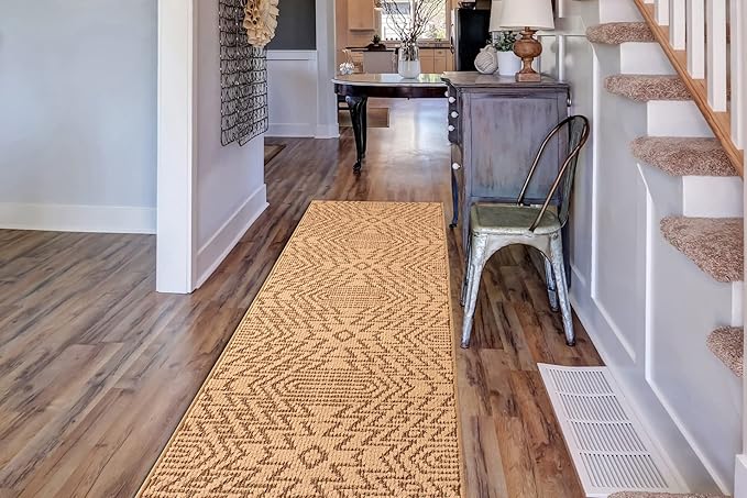 Custom Length Cut to Size Tribal Ethnic Southwestern Inspired Hallway Runner Rug, Non Slip Rubber Backed, 31 inch Wide X Customized Length, Inca Tan, 31 inch X 35 feet