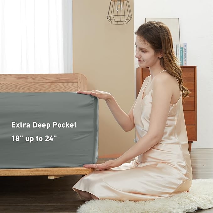 Sunflower Full Fitted Sheet, 1-Piece Extra Deep Pocket Fitted Bottom Sheet 22", 100% Cotton Sateen Soft Breathable, Ultimate Gray