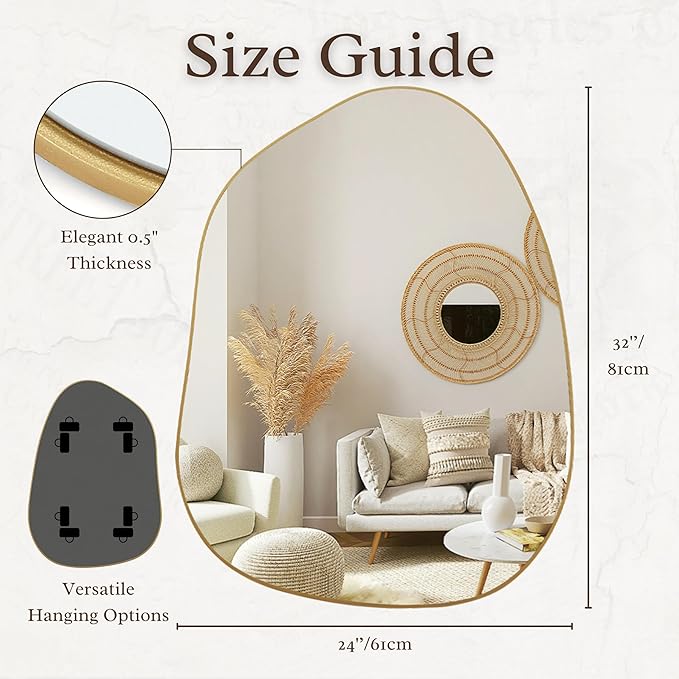 PERFNIQUE Irregular Wall Mirror Asymmetrical Mirror, 32''x24'' Gold Mirror for Bathroom Bedroom Living Room Entryway, Decorative Modern Boho Decor, Wall Mouted(Gold, 32''x24'')