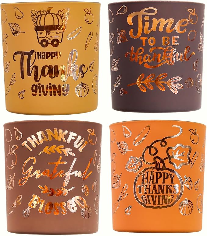 SHMILMH Glass Votive Candle Holders 4PCS Thanksgiving Tealight Candle Holders for Fall Table Centerpiece, Thanksgiving Decorations Indoor or Outdoor D閏or