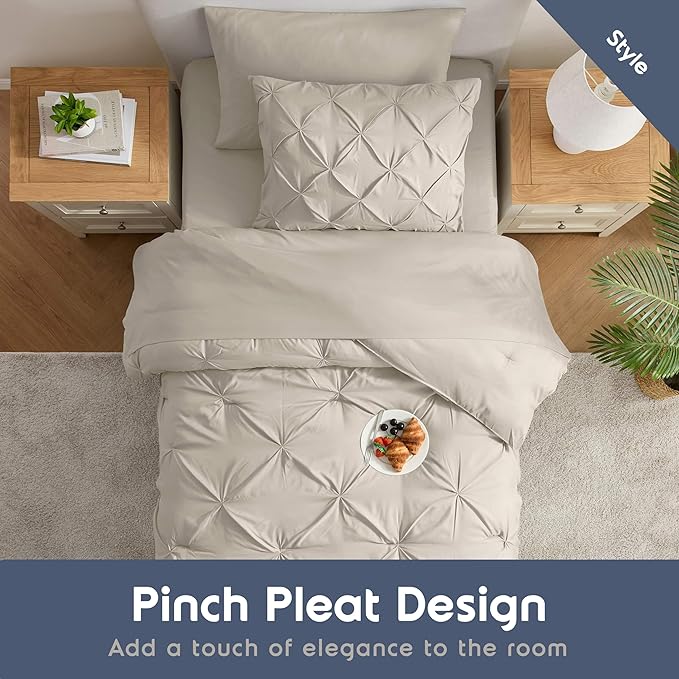 Nestl Twin Comforter Set 5 Piece - Pintuck Twin Bedding Sets Beige, College Dorm Room Essentials for Girls and Boys Bed in a Bag Twin All Season, Twin Comforter Set with Sheets, Pillowcase and Sham