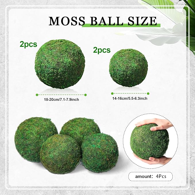 4 Pcs Large Green Moss Balls Artificial Moss Balls Spring Vase Bowl Fillers Hanging for Spring Home Wedding Garden Farmhouse Autumn Table Centerpieces Indoor Outdoor Decor (7.9'',5.9'')