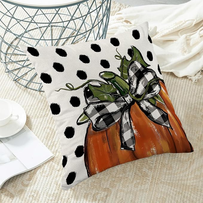 Fall Pillow Covers 18 x 18 Inch, Burnt Orange Pumpkin Polka Dots Decor Throw Pillows for Home Couch Bed, Autumn Thanksgiving Harvest Outdoor Decorative Pillowcase Linen Cushion Cover Set of 2