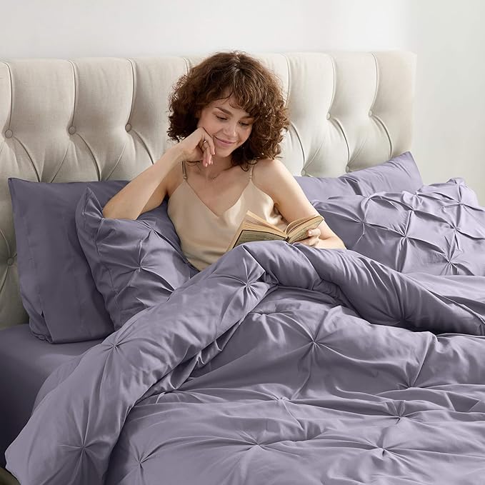 Nestl Queen Comforter Set - 7 Piece Pinch Pleated Comforter Queen Size Grayish Purple, All Season Bed in a Bag with Flat Sheet, Fitted Sheet, Pillowcases and Shams