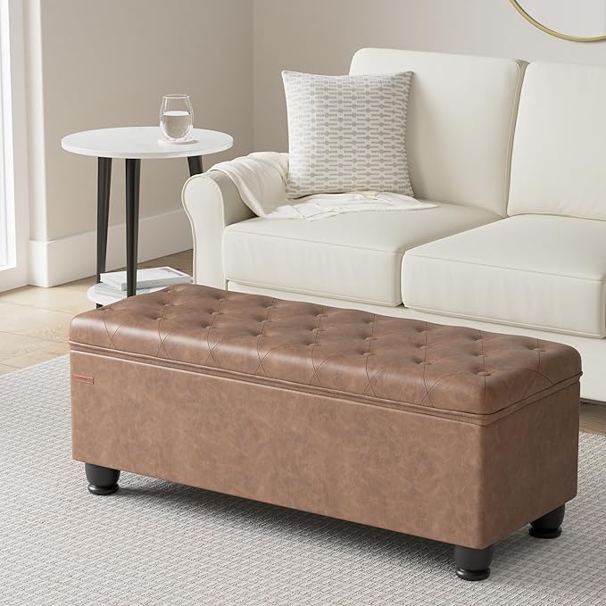SONGMICS Storage Ottoman, Storage Bench, Tufted Entryway Bedroom Bench, 17.7 x 46.5 x 17.7 Inches, Hinges Easy Lid Operation, Wooden Legs, Synthetic Leather, Loads 330 lb, Coffee Brown ULOM071K01