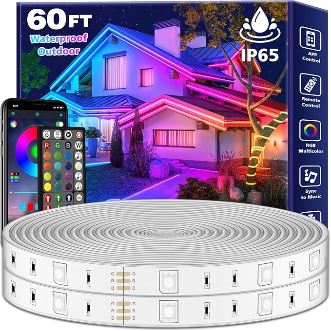 FBZ 60Ft Outdoor Waterproof LED Strip Lights,Music Sync RGB IP65 Led Lights with App Control and Remote,Color Changing Waterproof Led Rope Lights for Outdoor,Balcony,Roof,Garden,Stairs Party (60FT)
