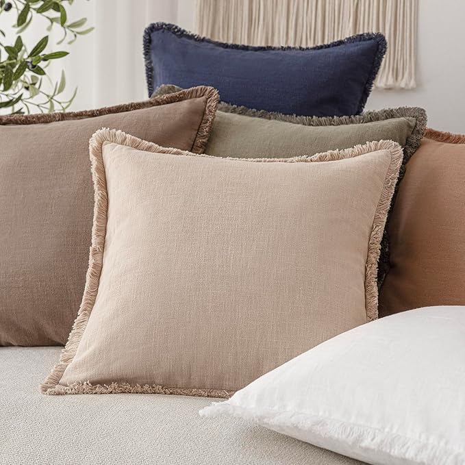 Foindtower Set of 2 Decorative Cozy Farmhouse Cushion Cover Linen Fringe Throw Pillow Covers with Tassels for Couch Sofa Bed Living Room Home Decor,26×26 Inch,Tan Beige